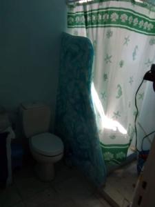 uma casa de banho com um WC e uma cortina de chuveiro em Traditional House Marivilla em Mastihari