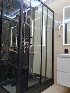 a bathroom with a glass shower with a sink at "Arkadia" in Ostrołęka