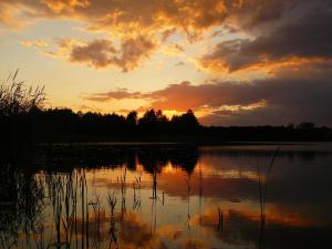 una puesta de sol sobre un gran cuerpo de agua con árboles en Dom nad Jeziorem, en Rasząg
