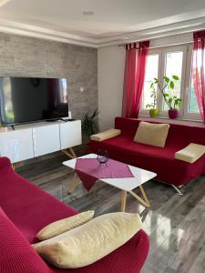 a living room with a red couch and a tv at Apartments and Rooms Pavla in Senj