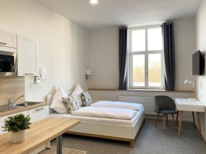 Habitación de hotel con cama y cocina en Best Boarding House, en Hanau am Main