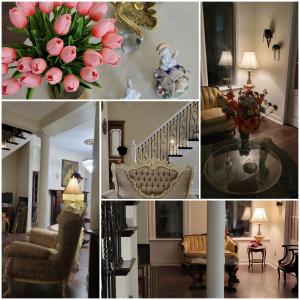 Holland Farmhouse Inn B&B في هولاند: مجموعة من صور غرفة المعيشة مع الزهور الزهرية