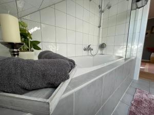 a bathroom with a bath tub with a mirror at Tolle Ferienwohnung mit Loggia in Schauenstein 100qm bei Hof an der Saale Frankenwald in Schauenstein