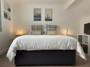 1 dormitorio con 1 cama con 2 lámparas y TV en Port Side Brixham - Ideal seaside getaway - parking - wood-burner - dog friendly en Brixham