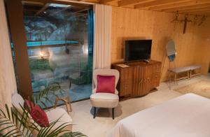 a bedroom with a tv and a chair in a room at Casa das Ameias in Vouzela