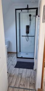 a glass door with a shower in a room at La Manch'hôtes in Domjean