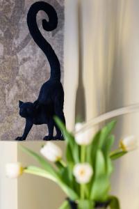 een zwarte kat staat naast een plant bij House of Frames in Milaan