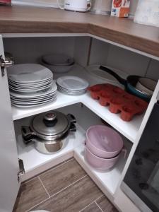 a kitchen cabinet with plates and pans and dishes at Apartman Cer in Banja Koviljača
