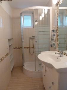 a bathroom with a shower and a sink at Domboldal Vendégház in Noszvaj