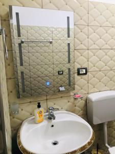 een badkamer met een witte wastafel en een spiegel bij Jemin Apartment in Berat