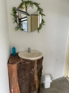 baño con lavabo y espejo en un tronco de árbol en Cabañas Valle del Cocora La Truchera, en Salento