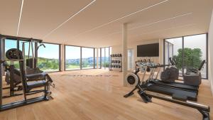 un gimnasio con 2 cintas de correr y TV en COSTA DEL SOL MIJAS GOLF FIRST LINE-NEAR MARBELLA - STUNNING VIEWS - GROUND FLOOR PENTHOUSE APPARTEMENT - 3 BEDROOMS - BIG TERRAS AND GARDEN 2- 6 persons ONE PRICE! - COMPLETELY FURNISHED AND EQUIPT FOR AN UNFORGETABLE HOLIDAY AND GOLF MATCHES PLEASURES, en Mijas