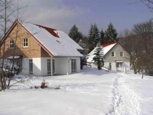 a house with snow on the ground in the yard at Ferienhaus in Wernigerode mit Innenpool in Wernigerode