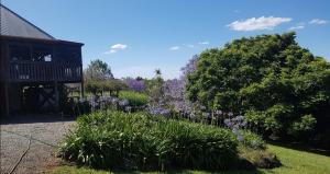 a garden with purple flowers in front of a building at Wyndover Mountain Retreat in Beechmont