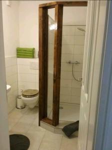a bathroom with a toilet and a glass shower at Liebevoller Landhaustraum in Ratekau