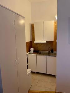 een keuken met witte kasten en een spoelbak bij Apartman studio Lusi in Subotica