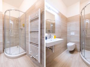 two pictures of a bathroom with a shower and a sink at Hidden Art Boutique Residence by Dwellfort in Prague