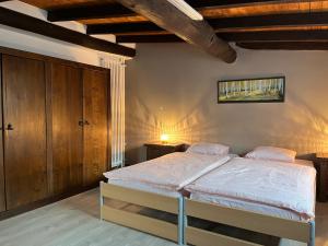 ein Schlafzimmer mit einem Bett in einem Zimmer mit Holzdecken in der Unterkunft Casa Dora in Brusino Arsizio