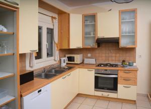 a kitchen with white cabinets and a sink at Bellina Villa in Agnítsini