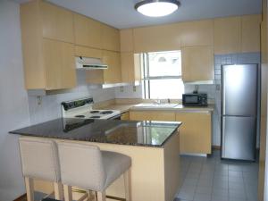 a kitchen with a stove and a refrigerator at Hakuba Royal Suites in Hakuba
