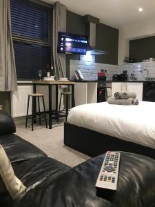 Contemporary 1 bed studio for comfy stay in Wigan في ويغان: غرفة معيشة بسريرين وتلفزيون