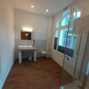 a bathroom with a sink and a toilet and a mirror at Hotel Müllers im Waldquartier in Bad Essen