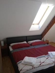 1 dormitorio con 1 cama con almohadas rojas en Barki Apartman, en Bük