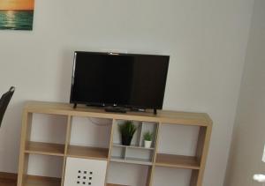 telewizor z płaskim ekranem siedzący na stojaku telewizyjnym w obiekcie D2 Apartment Budapest w Budapeszcie