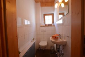 a bathroom with a sink and a toilet and a window at Feriendorf Via Claudia Haus 100 Dominique in Lechbruck +11 photos