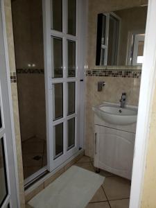 een badkamer met een wastafel en een douche bij Romans Rest Guest House in Carletonville