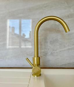 a brass kitchen faucet on a sink in front of a window at L incomparable - International Palace in Vichy +13 photos