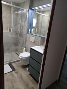 La salle de bains est pourvue d'une douche, de toilettes et d'un lavabo. dans l'établissement Bel appartement sur le port du Brusc avec sa place de parking privative., à Six-Fours-les-Plages