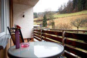 a table on a balcony with a view of a field at Hotel Tiefenhagen Sauerland in Lennestadt