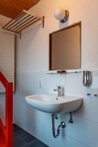 a bathroom with a sink and a mirror on the wall at Hotel Tiefenhagen Sauerland in Lennestadt