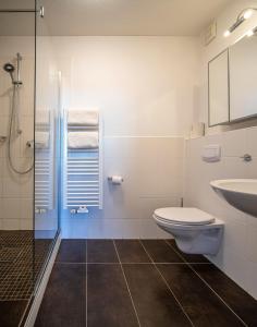 ein Bad mit einem WC, einem Waschbecken und einer Dusche in der Unterkunft Hotel Birschel-Mühle in Hattingen