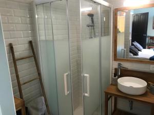 a bathroom with a shower with a sink and a mirror at Chambre Vinc in Bastia