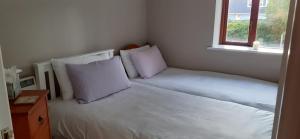 a bedroom with two beds with white pillows and a window at Beautiful & Quiet Countryside Setting in Kinsale in Cork
