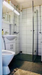 a bathroom with a toilet and a sink and a shower at Ilona Apartments - "The City Condo" in Kotka