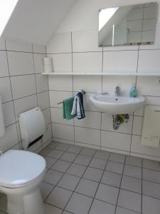 a white bathroom with a toilet and a sink at Natururlaub Frankenau in Frankenau