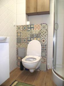 een badkamer met een toilet en een tegelwand bij Apartament Centrum 32m2 Kłodzko - Przyjaciół Ziemi Kłodzkiej in Kłodzko