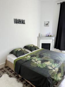 - une chambre avec un lit et une cheminée dans l'établissement Appart 3 pieces Centre-ville St-Raphael - près zone piétonne - 500m des plages, à Saint-Raphaël
