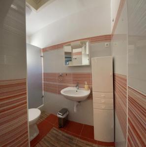La petite salle de bains est pourvue d'un lavabo et de toilettes. dans l'établissement Apartments & Rooms Andrea 2, à Zadar