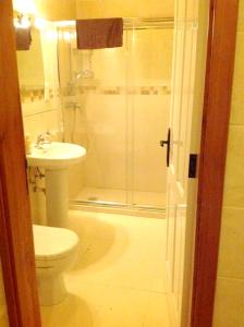 a bathroom with a shower and a toilet and a sink at 3 bedrooms villa with private pool and wifi at Qala in Qala