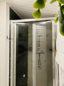a shower with a glass door in a bathroom at Outhouse Bothy in Kirkby Lonsdale