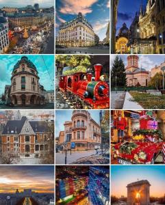 een collage van foto's van verschillende gebouwen en een trein bij Brand New Downtown Studio in Boekarest