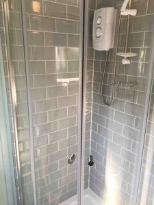 a shower with a glass door and blue tiles at Captain's Cabin in Cadgwith