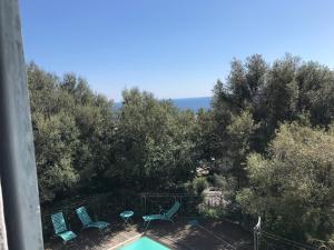 uma vista para uma piscina com cadeiras e árvores em La chambre de Toutou em Bastia