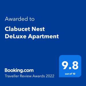 Een certificaat, prijs of ander document dat getoond wordt bij Clabucet Nest DeLuxe Apartment