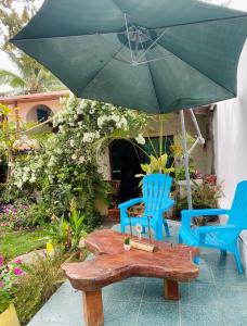 einen Tisch, zwei Stühle und einen grünen Regenschirm in der Unterkunft Nelyza's Suites & Adventure in Puerto Ayora