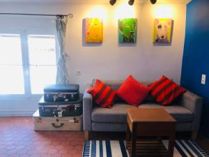 a living room with a couch with colorful pillows at La Chambre Spa la maison Searle à Tourtour in Tourtour